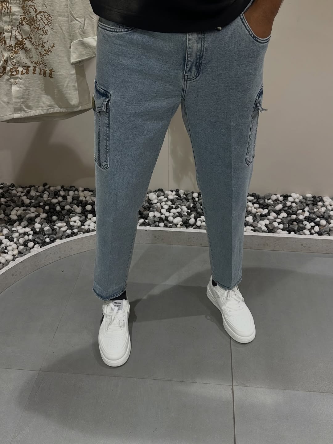 Premium Light Blue Korean Fit Denim Cargos at Royal Fashion - Image 2