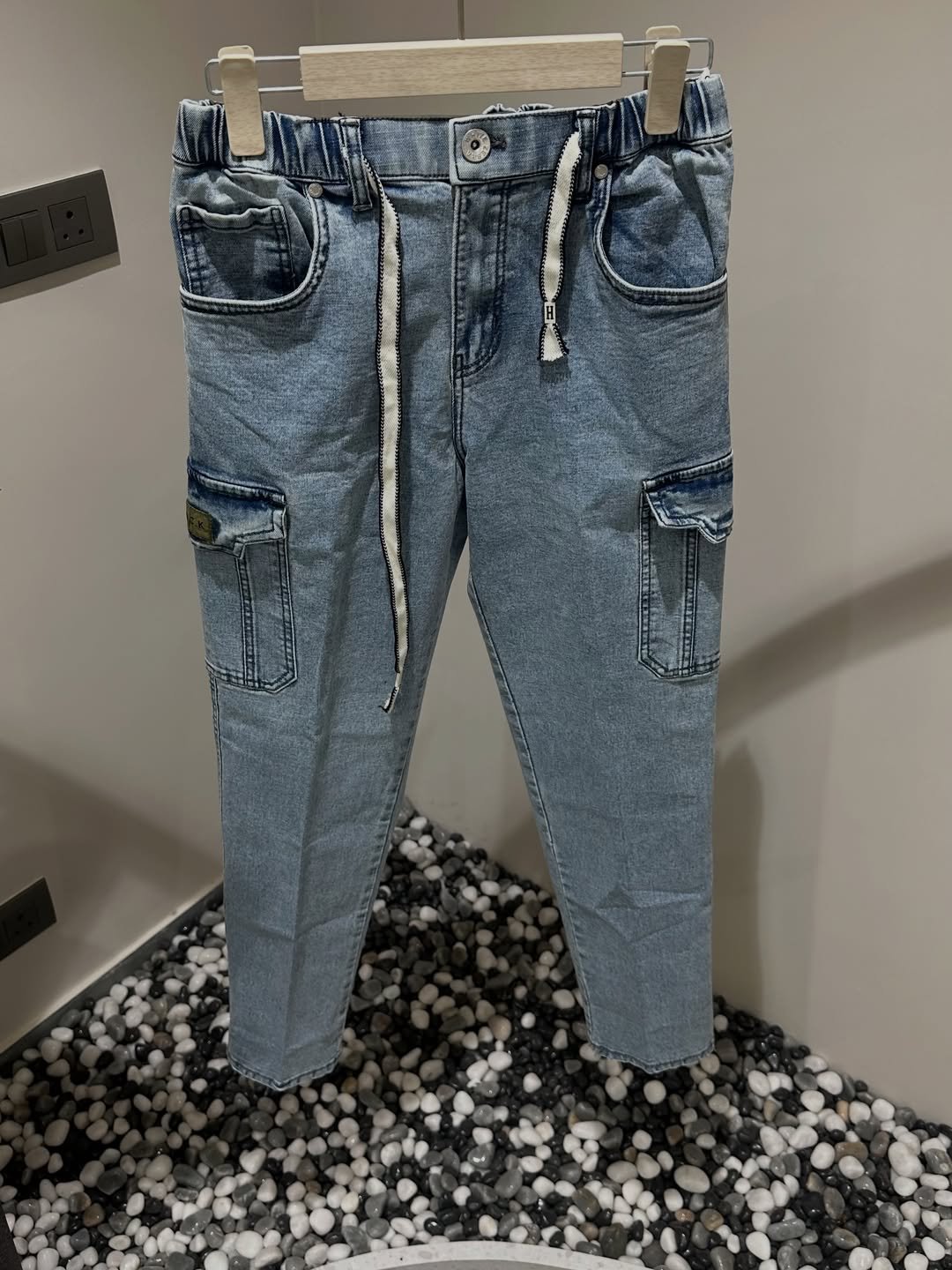 Premium Light Blue Korean Fit Denim Cargos at Royal Fashion