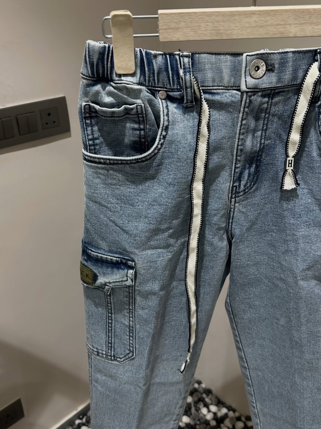 Premium Light Blue Korean Fit Denim Cargos at Royal Fashion - Image 3